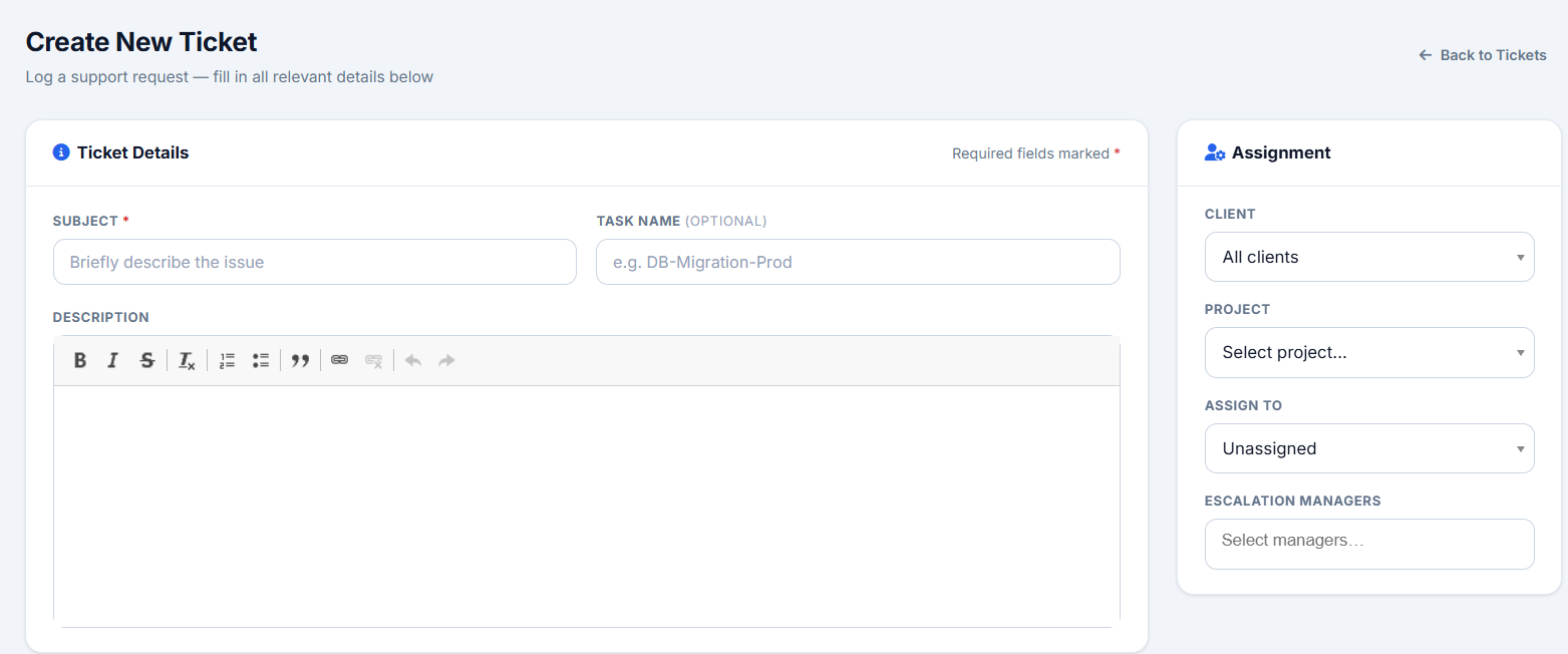 Taggy create-ticket form with subject, task name, rich-text description and assignment to client, project, assignee and escalation managers