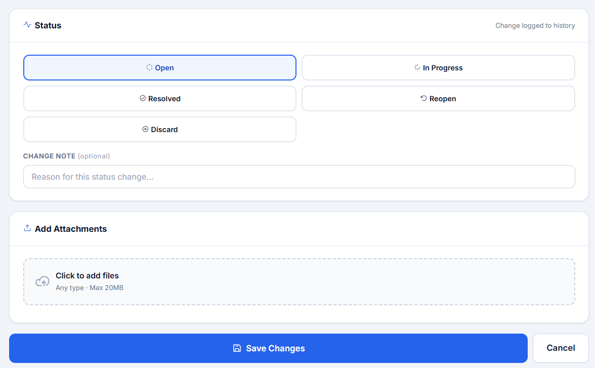 Taggy ticket status panel with Open, In Progress, Resolved, Reopen and Discard options, a change note and file attachments